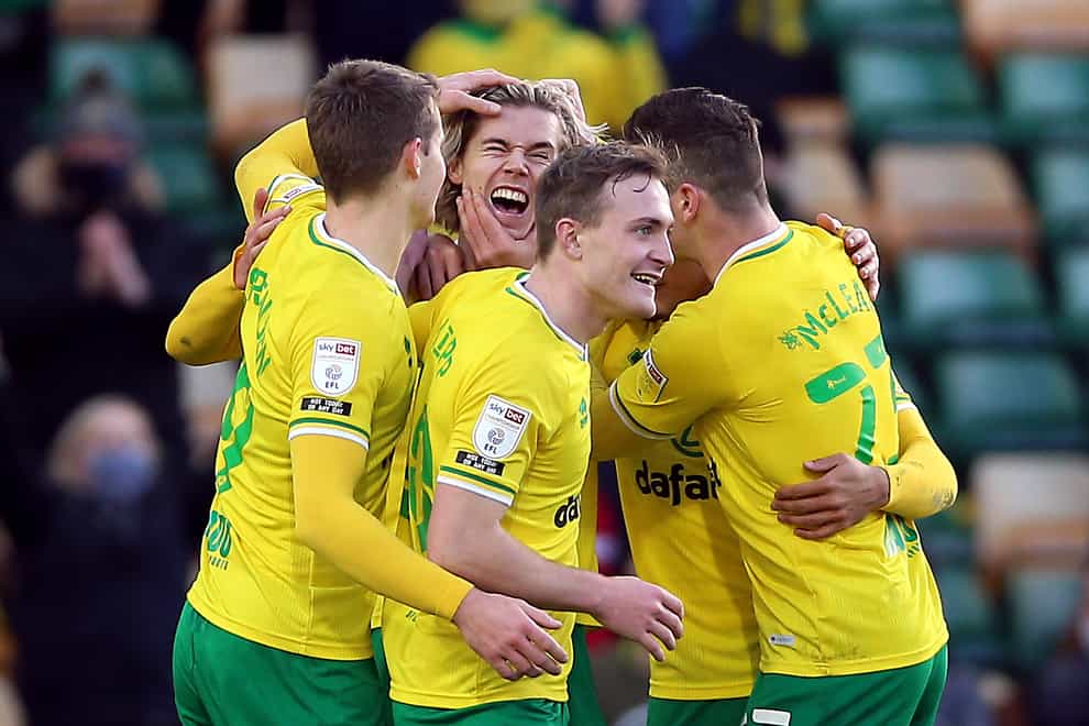 Todd Cantwell (centre facing) scored Norwich's second
