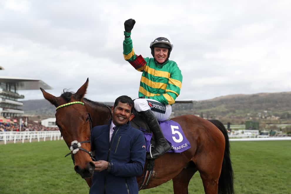 Champ ridden by Barry Geraghty celebrating victory in the RSA at Cheltenham