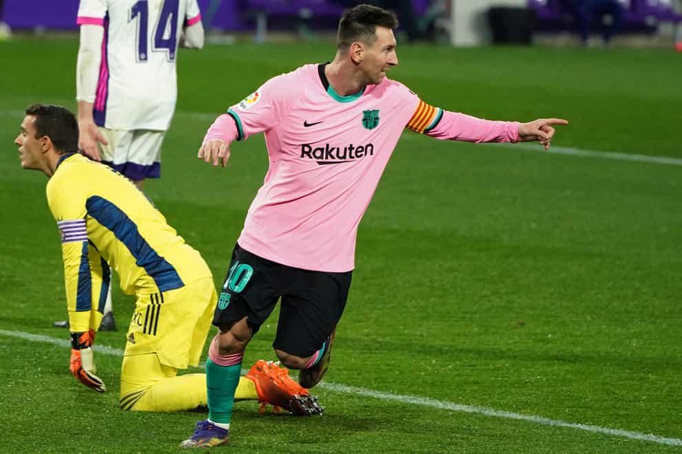 Barcelona’s Lionel Messi celebrates after scoring a goal