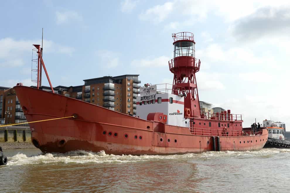 A replica of the original 1960s pirate Radio Caroline ship on the Thames in London