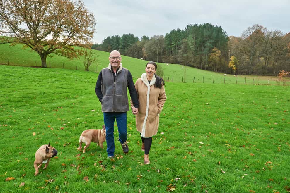Gregg Wallace and wife walking with dogs (ShowMe.Fit/PA)
