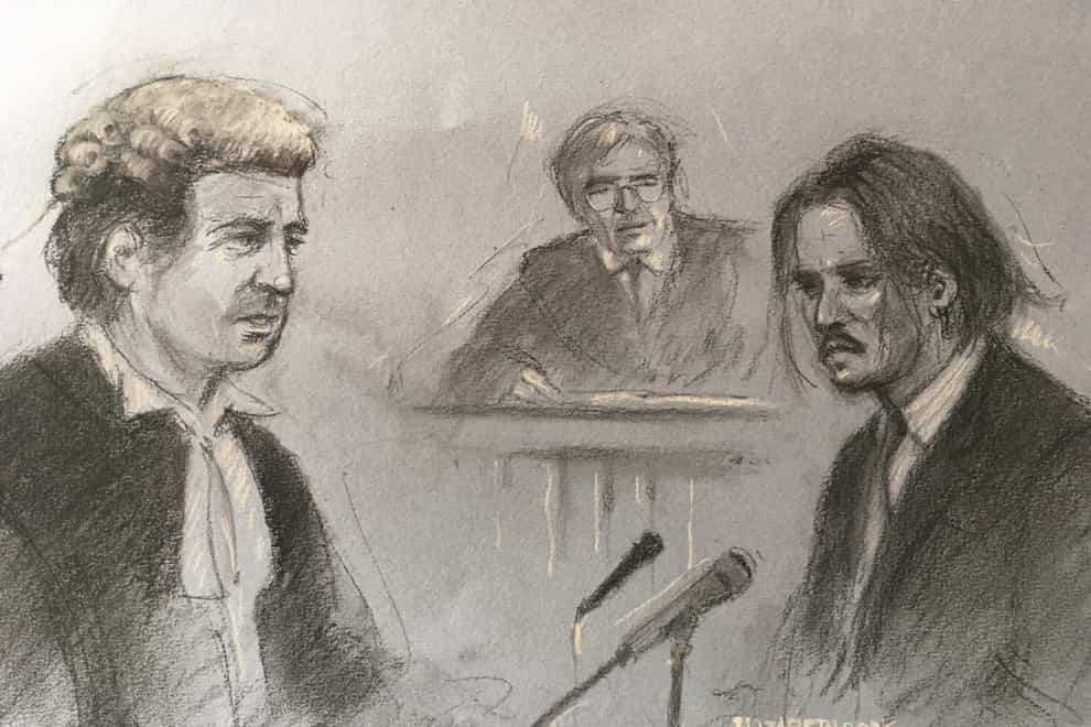 Court sketch of Johnny Depp being questioned by David Sherborne (Elizabeth Cook/PA)