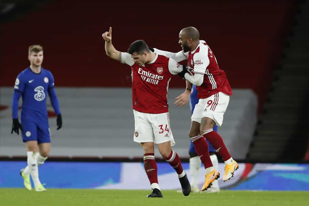 Arsenal’s Granit Xhaka celebrates scoring a free-kick against Chelsea