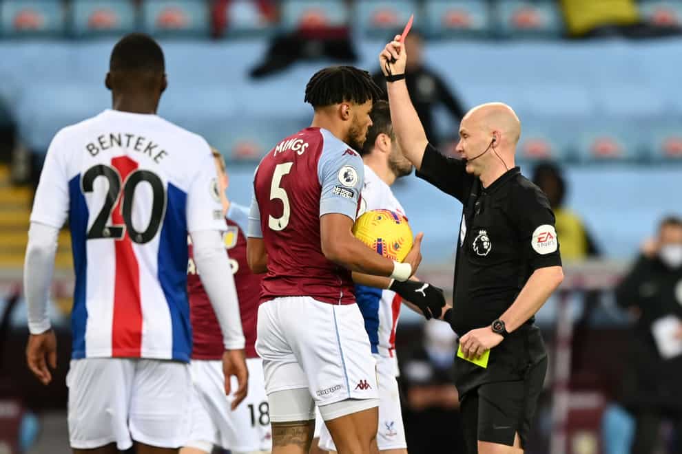 Tyrone Mings was sent off against Crystal Palace on Saturday