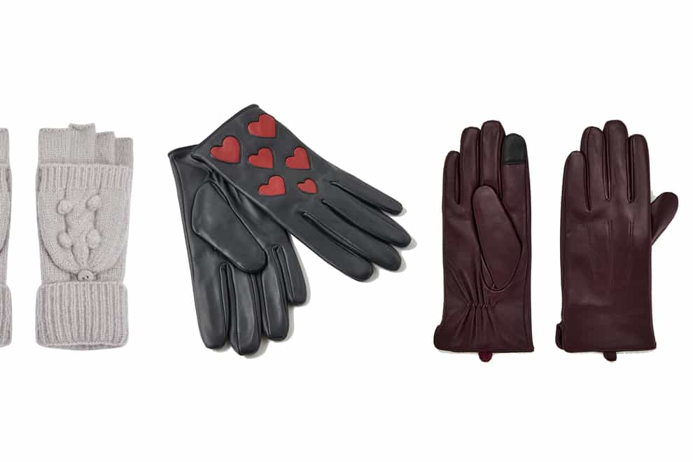 Oliver Bonas Grey Bobbles Fingerless Knitted Gloves; Accessorize Love Heart Leather Gloves Black; Very Leather Glove with Touch Screen Burgundy
