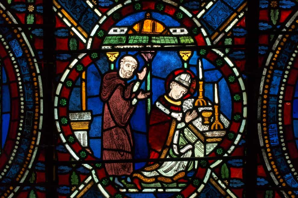 A stained glass image of St Thomas Becket at Canterbury Cathedral