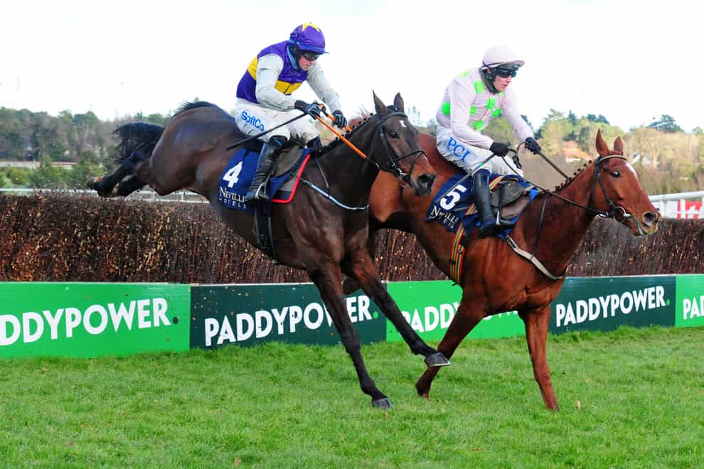 Monkfish and Paul Townend (right) get the better of their tussle with Latest Exhibition in the Neville Hotels Novice Chase at Leopardstown