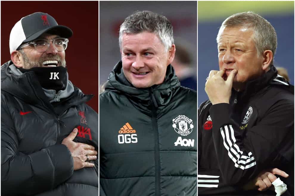 Liverpool boss Jurgen Klopp, left, and Manchester United manager Ole Gunnar Solskjaer, centre, enjoyed a productive 2020 but there are concerns for Sheffield United chief Chris Wilder