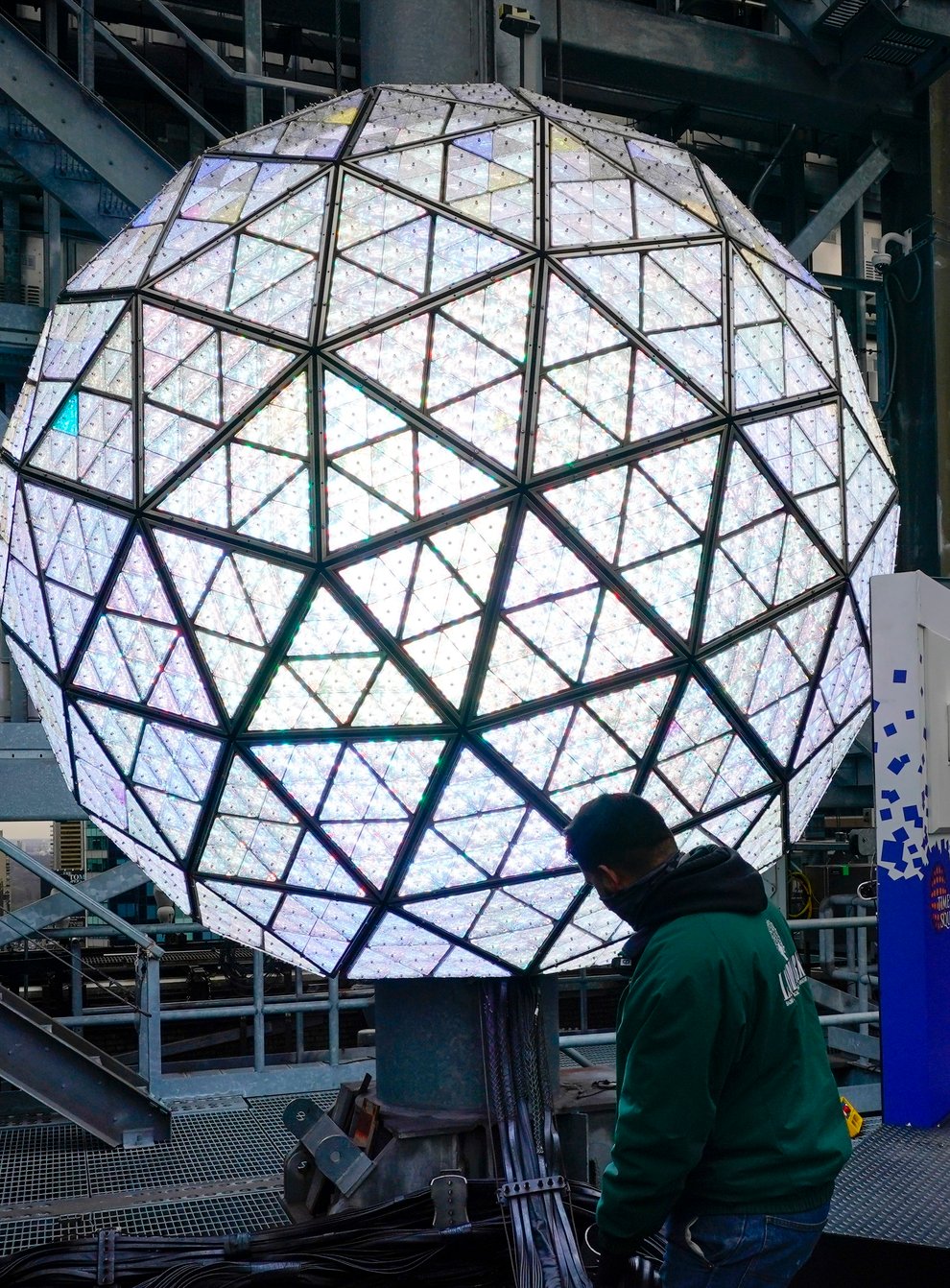 Event organisers test the New Year’s Eve Ball ahead of the official Times Square celebration in New York