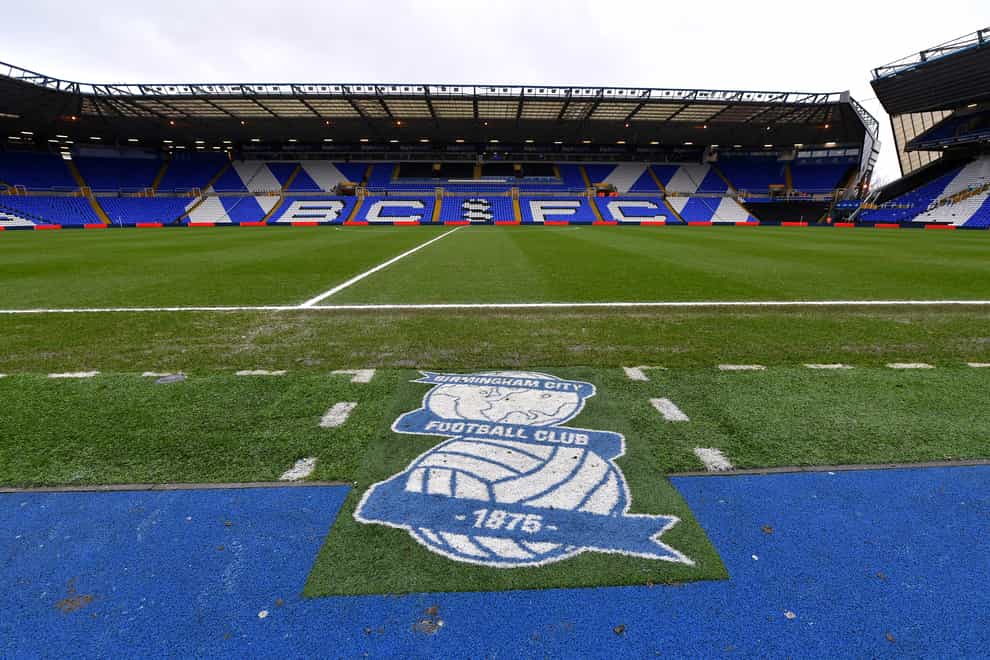 A Birmingham City crest on the grass at St Andrew's