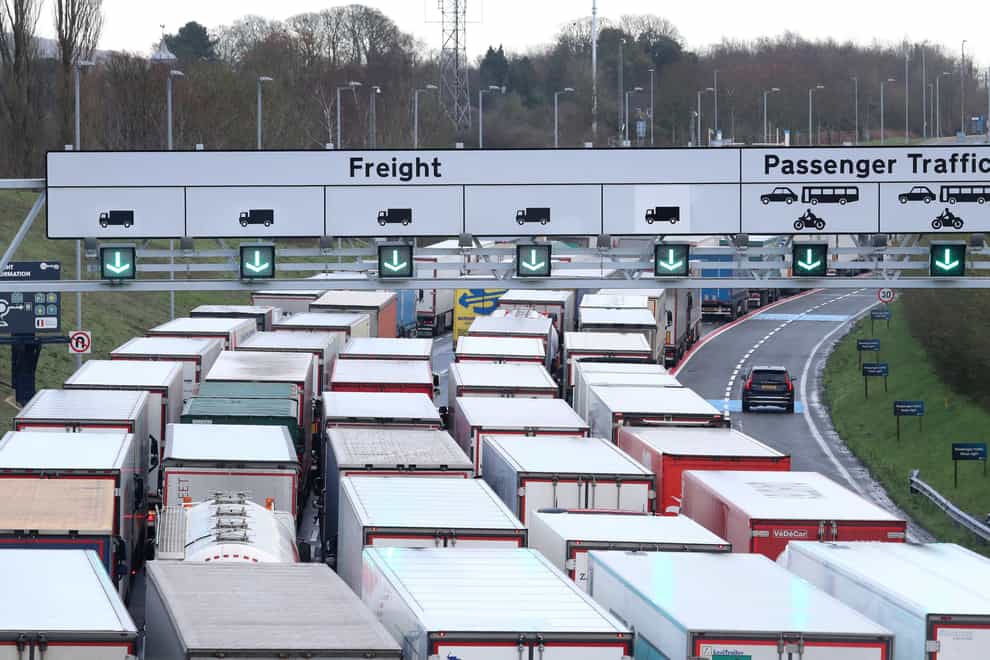 Lorries queuing to access the Eurotunnel site near Folkestone in Kent