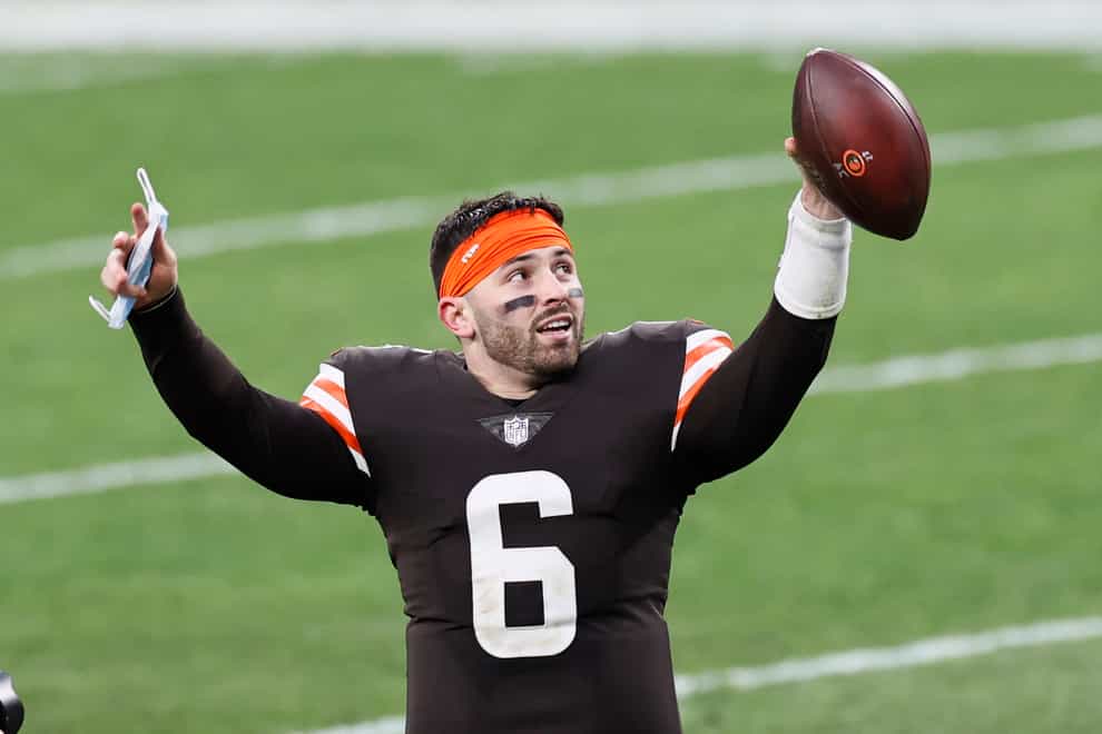 Cleveland Browns quarterback Baker Mayfield celebrates after the Browns defeated the Pittsburgh Steelers