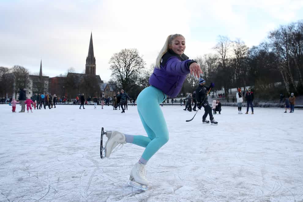 Jenni Kerr ice skates on a frozen pond in Glasgow's Queen's Park