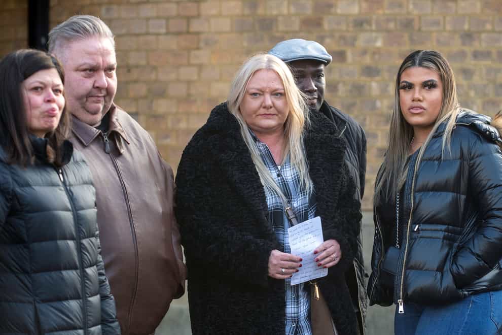 Left to right, Ben Gillham-Rice’s mother Susanne Gillham, father Jason Rice with Dom Ansah’s mother Tracey, father Dominic and sister Holly outside Luton Crown Court