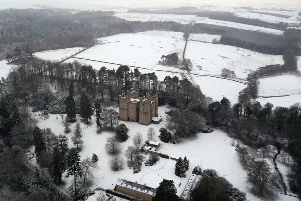 Snow covers the grounds surrounding Langley Castle Hotel near Haydon Bridge, Northumberland