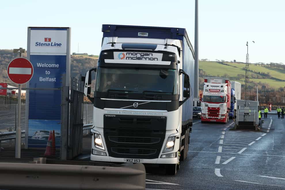 Lorries leave the Stena Line terminal at Belfast Harbour