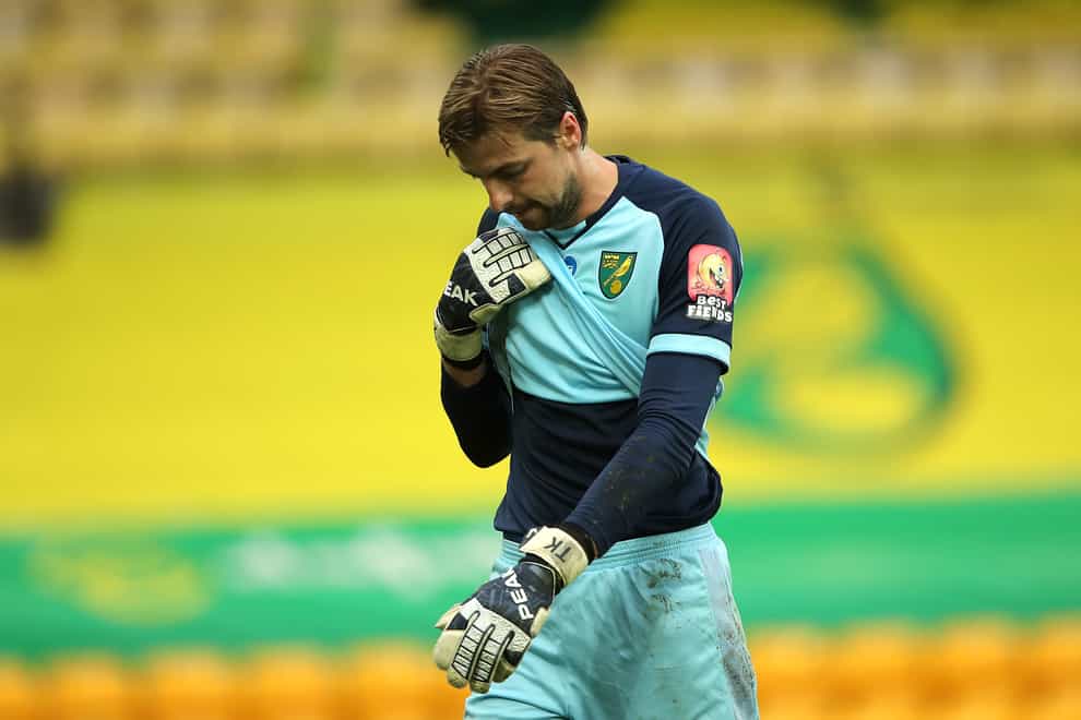 Norwich goalkeeper Tim Krul appears dejected