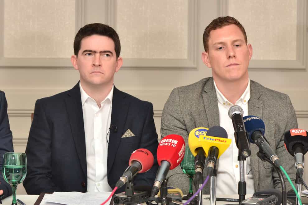 John McAreavey, right, and Mark Harte, brother of murdered honeymooner Michaela McAreavey, during a press conference at the Labourdonnais Hotel in Port Louis, Mauritius