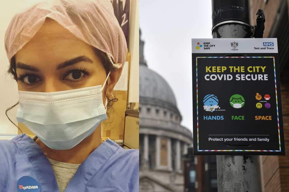 Ameera Sheikh, 28, a Unite union rep and ICU nurse at an NHS London, and a sign in London