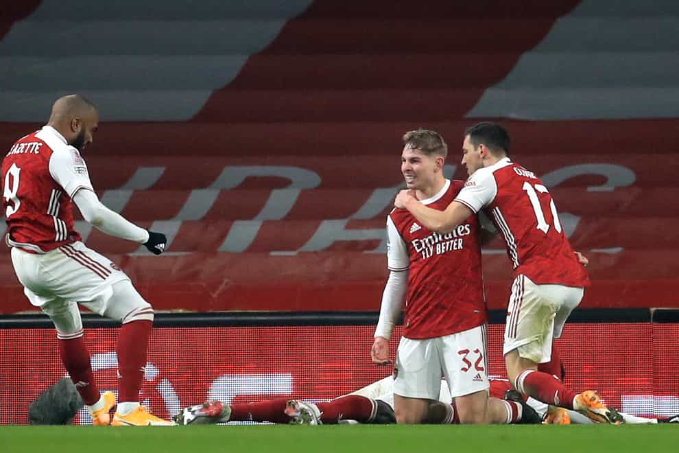 Emile Smith Rowe, second right, scored his second goal of the season to help Arsenal reach the FA Cup fourth round