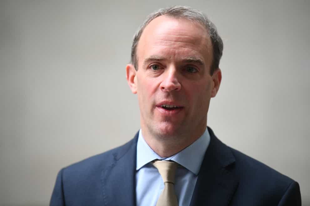 Foreign Secretary Dominic Raab speaks to the media outside BBC Broadcasting House in central London