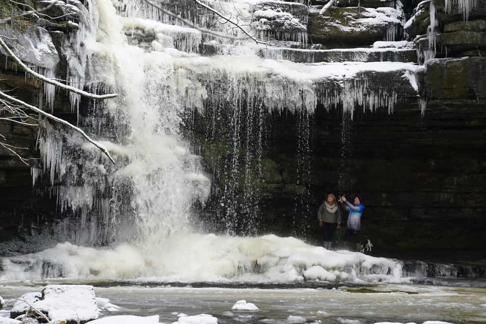 A frozen Summerhill Force waterfall at Bowlees in Teesdale