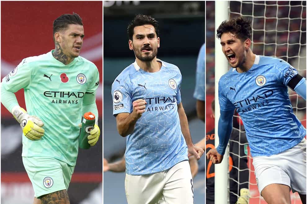 Ilkay Gundogan, centre, is a top FPL pick along with team-mates Ederson, left, and John Stones