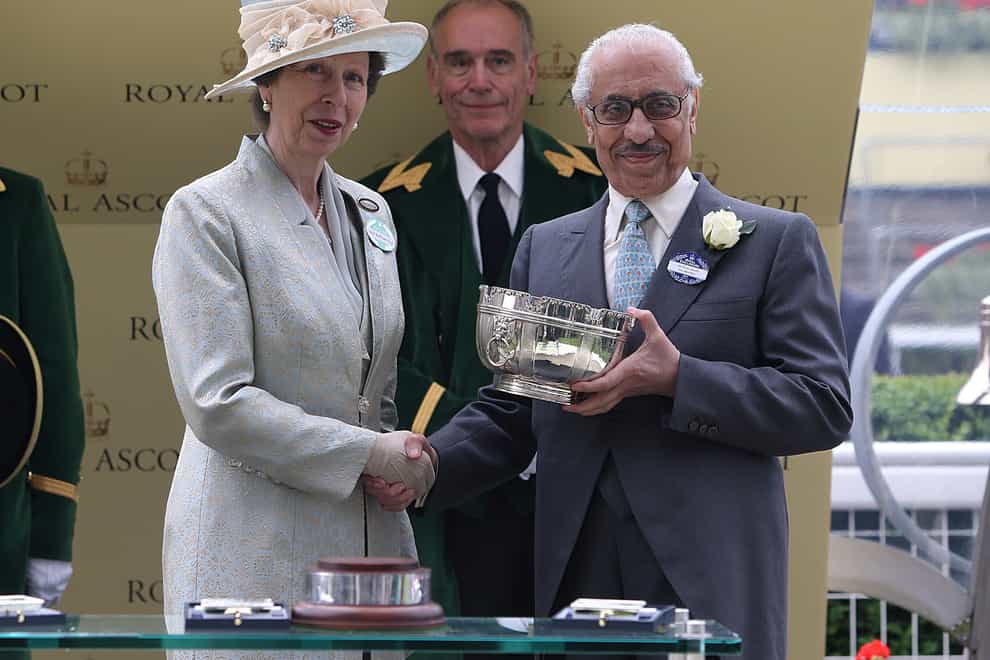 Khalid Abdullah receives his trophy from the Princess Royal after Riposte's 2013 Ribblesdale Stakes victory at Royal Ascot