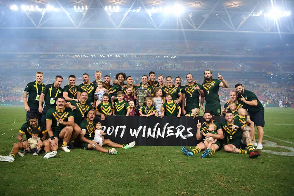 Australia pose with the trophy after the final of the 2017 Rugby League World Cup