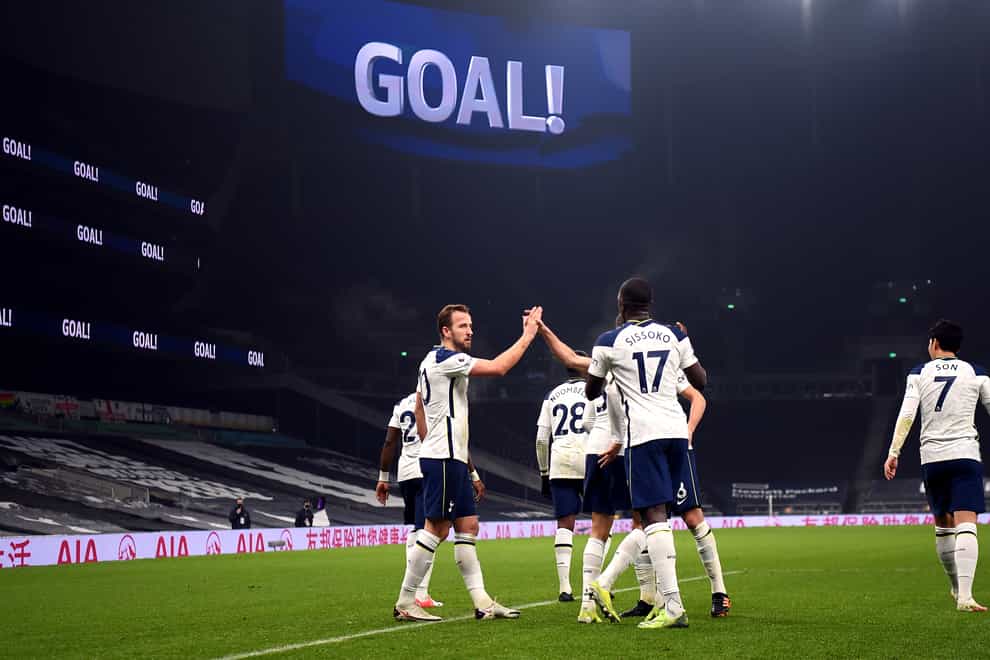 Tottenham players celebrate after Harry Kane's goal against Fulham.