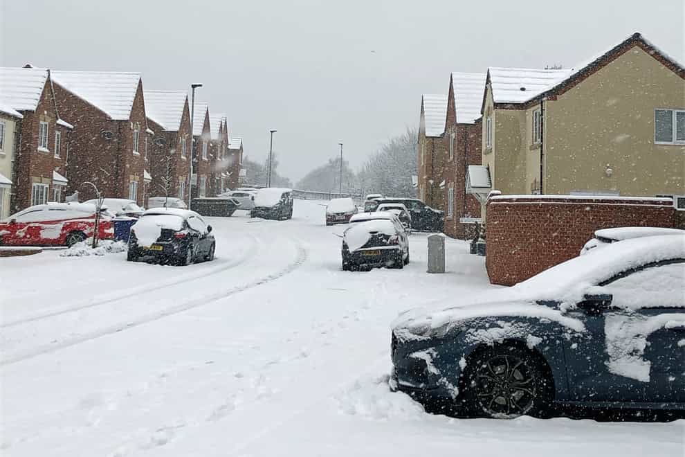 Snow covers a road in Barnsley