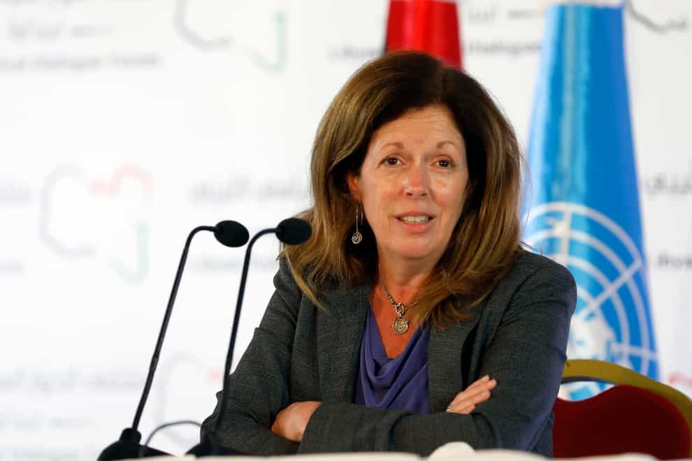 Stephanie Williams, acting special representative of the Secretary-General and Head of the United Nations Support Mission speaks during a news conference (Walid Haddad/AP)