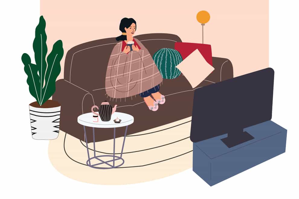 Illustration of a woman cosied up on the sofa watching TV