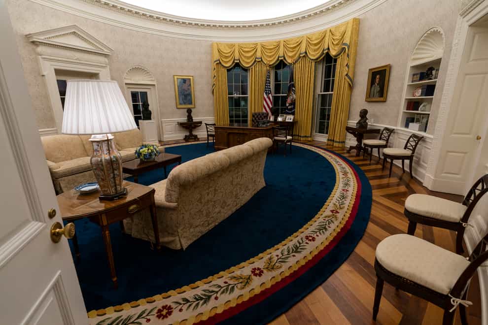 The Oval Office of the White House is newly redecorated for the first day of President Joe Biden’s administration (Alex Brandon/AP)