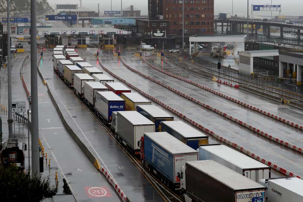 Lorries queueing at the check-in area for the Port of Dover
