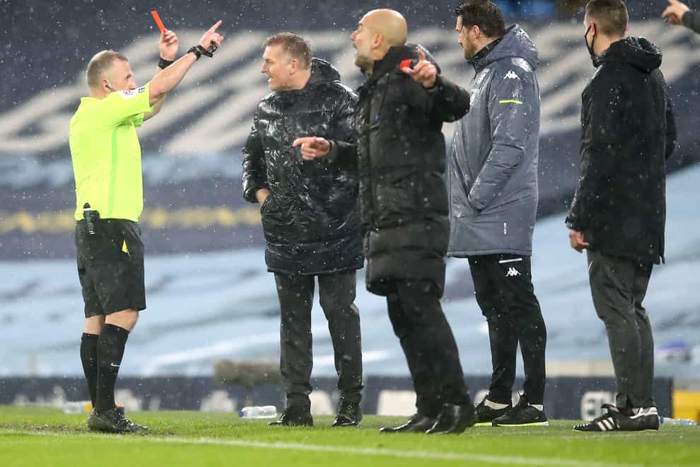 Aston Villa manager Dean Smith, second left, was sent off during Wednesday's controversial 2-0 defeat to Manchester City