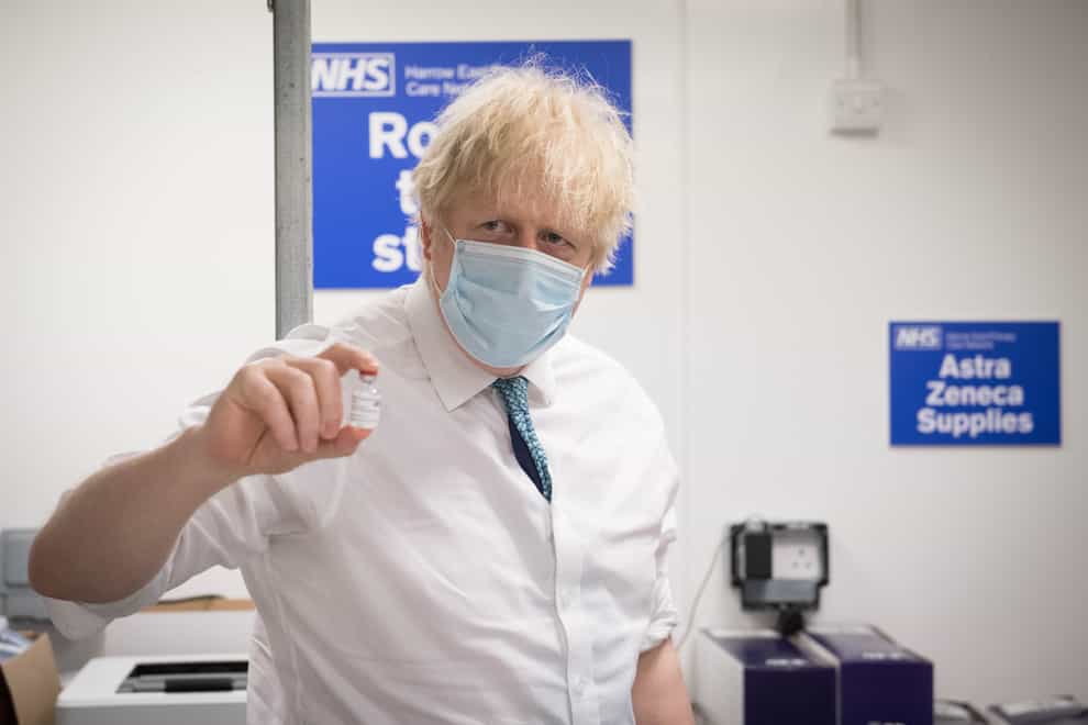 Prime Minister Boris Johnson on a visit to a vaccination site at Barnet Football Club in north London