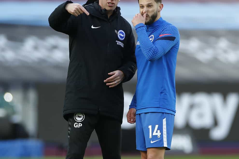 Brighton boss Graham Potter, left, could have Adam Lallana back from injury against Fulham