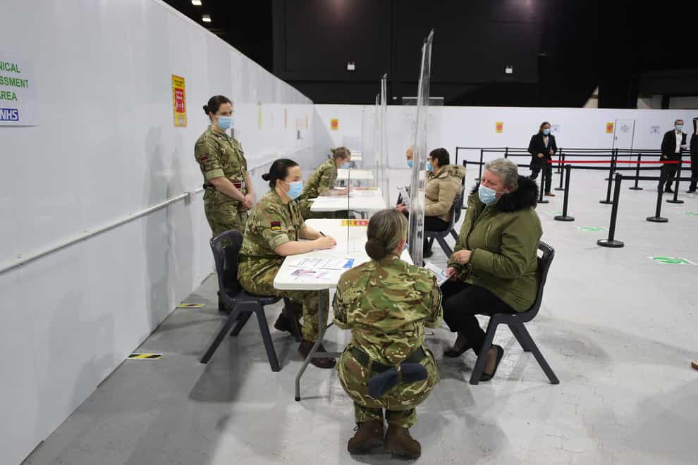 Military personnel at the Winter Gardens in Blackpool, which has been converted for use as a Covid vaccination centre