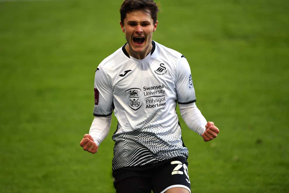 Liam Cullen celebrates scoring for Swansea
