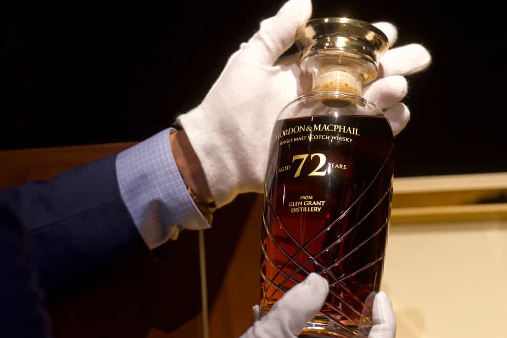 A 72-year-old bottle of Glen Grant single malt whisky from Scotland displayed at a Bonhams auction preview in Hong Kong