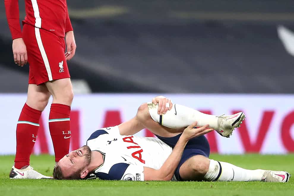 Tottenham Hotspur’s Harry Kane appears in pain during the Premier League match at the Tottenham Hotspur Stadium, London