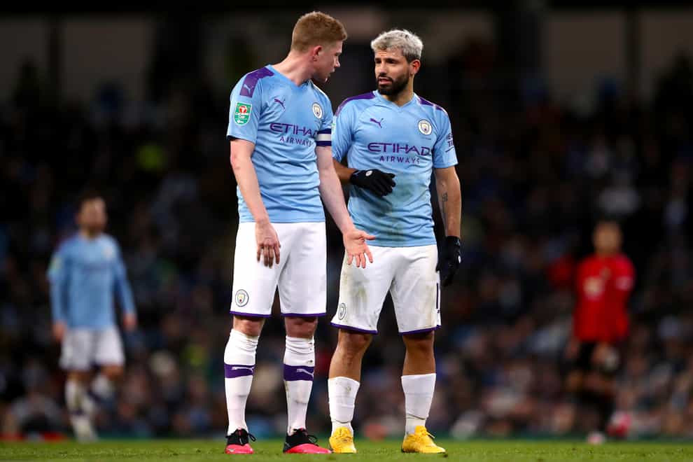 Manchester City are without Kevin De Bruyne (left) and Sergio Aguero (right) this weekend