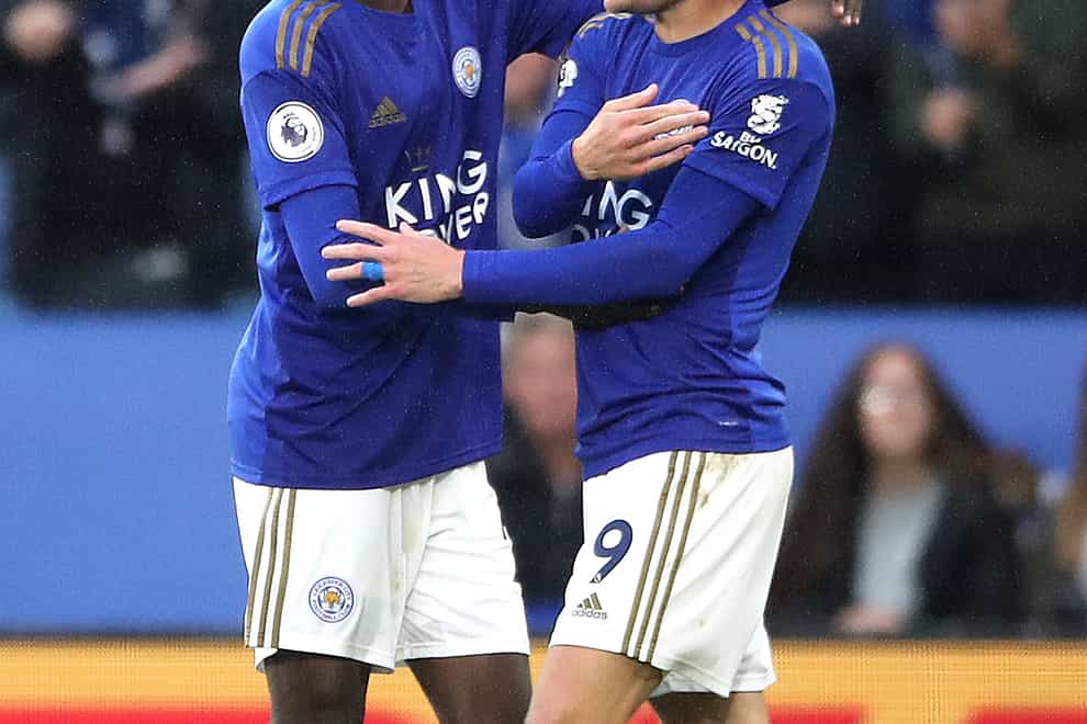 Leicester duo Jamie Vardy and Wilfred Ndidi embrace