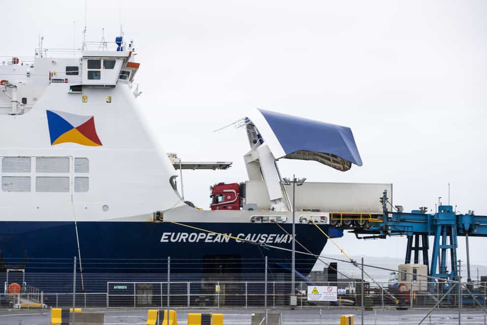 A lorry boards the P&O Ferry European Causeway at Larne Port.