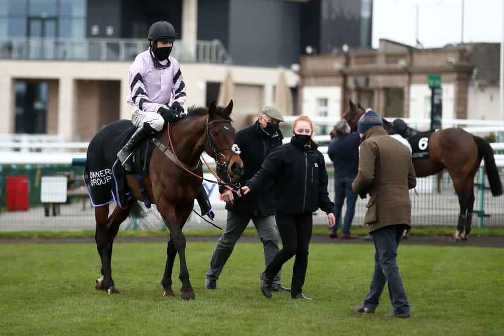 Miranda and Harry Cobden return in triumph after the the Irish Thoroughbred Marketing Yorkshire Rose Mares’ Hurdle at Doncaster