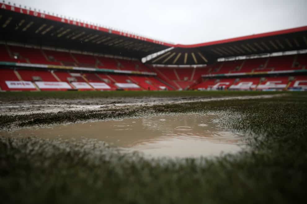 A view of the waterlogged pitch at the Valley
