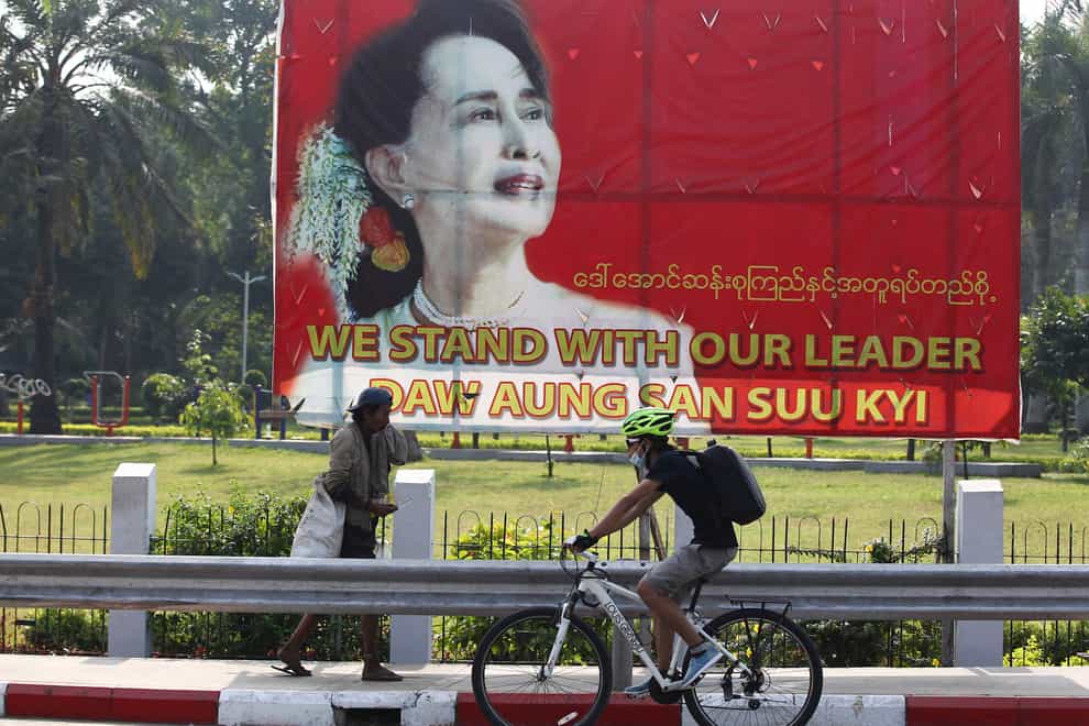 A sign showing Aung San Suu Kyi's face