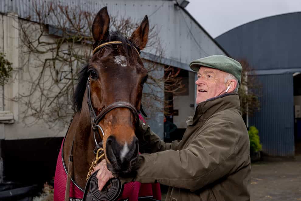 Willie Mullins with Sharjah ahead of the Irish Champion Hurdle at Leopardstown