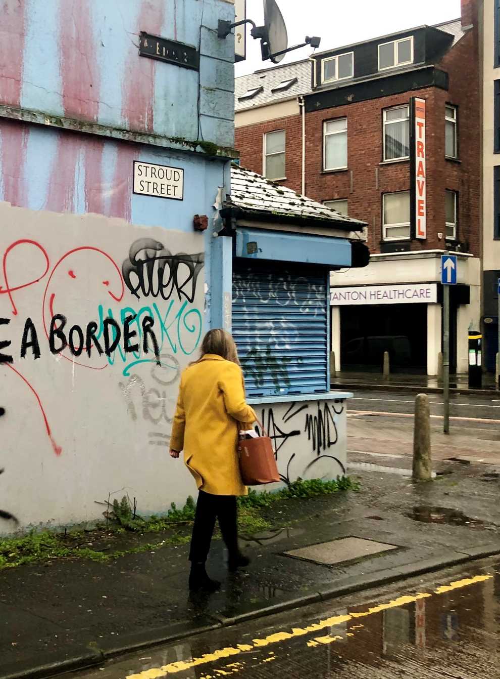 'No Irish Sea border' graffiti on a wall